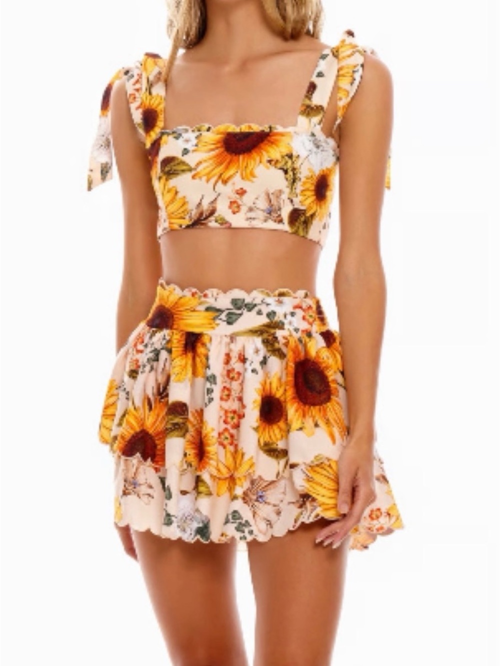 Agua Bendita Sunflower Floral Crop Top & Cooper Skirt Set – Size Small